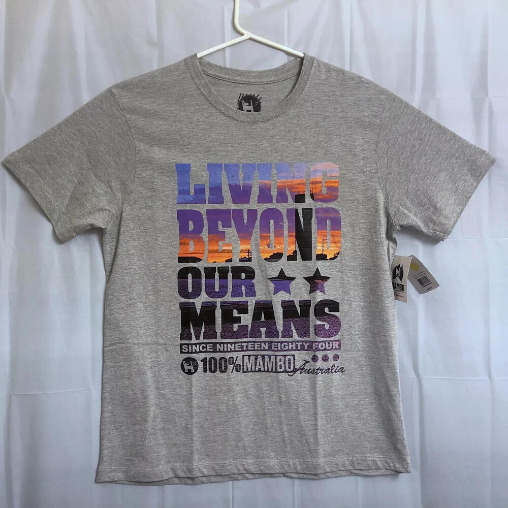 NWT Mambo Australia "Living Beyond Our Means" T-Shirt Men's Large L Gray